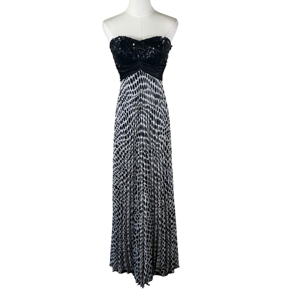 Vtg Night Moves Dress Womens 6 Black White Polka Dot Sequin Strapless Gown Pleat